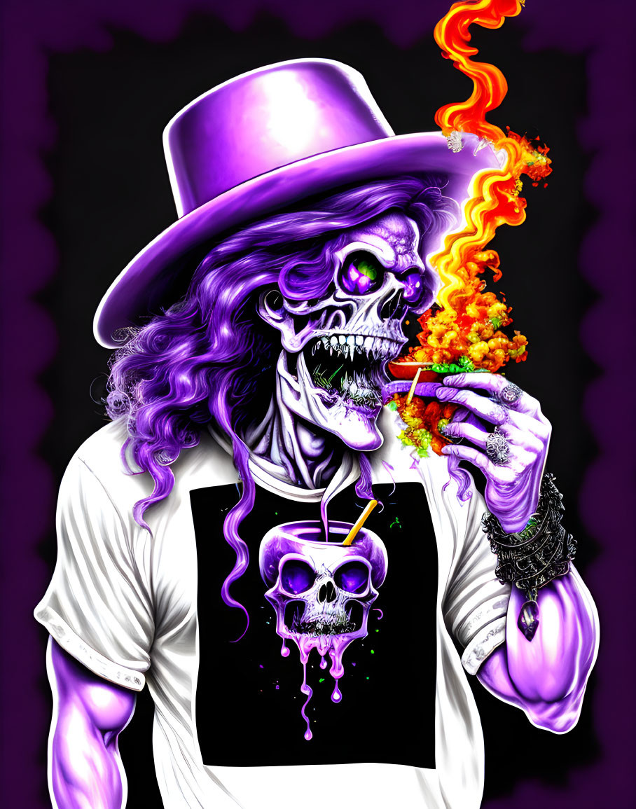 Colorful Illustration: Skeletal Figure with Hat Sipping Drink from Skull Cup