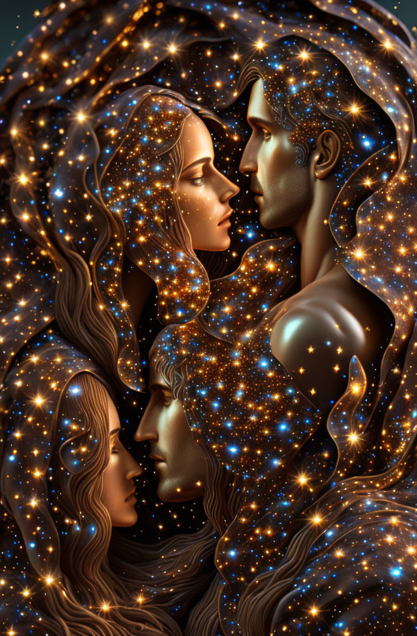 Digital artwork: Four faces blend with cosmic background, stars & nebulae, creating dreamy celestial