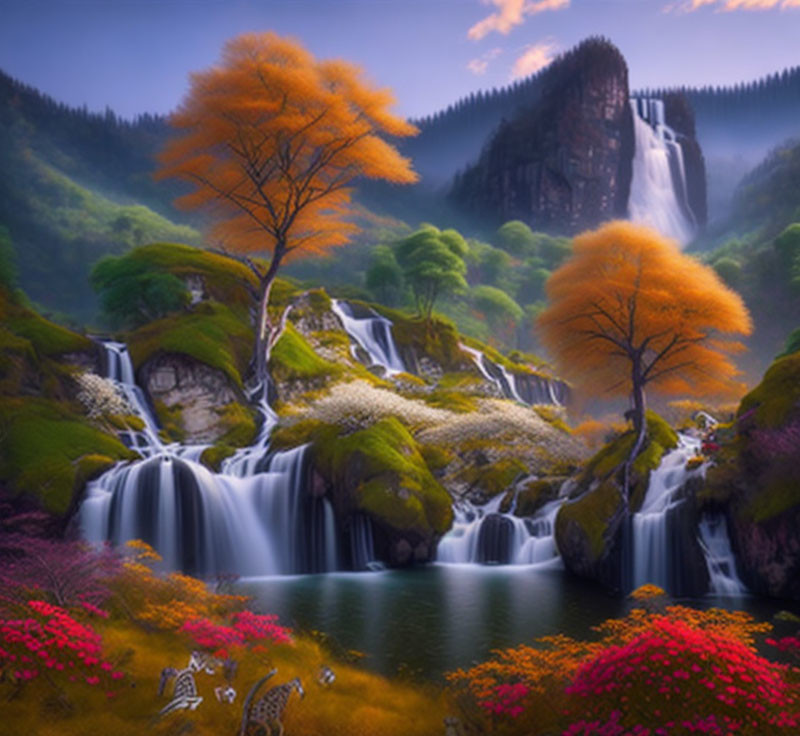 Tranquil landscape: waterfall, orange trees, pink bushes, misty sky