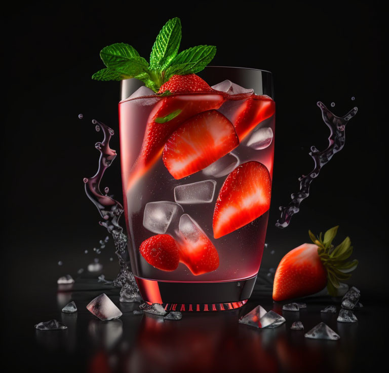 Strawberry and Mint Refreshing Drink with Ice Cubes on Dark Background