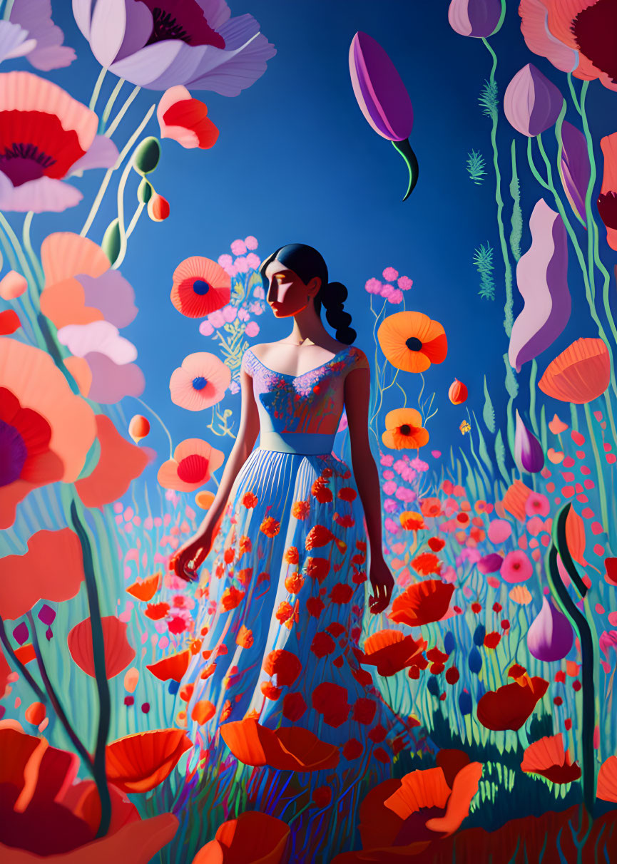 Woman in floral dress surrounded by red poppies under blue sky