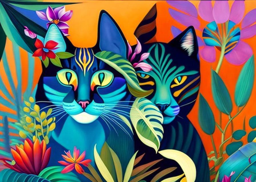 Colorful Illustration of Two Cats Among Exotic Flowers