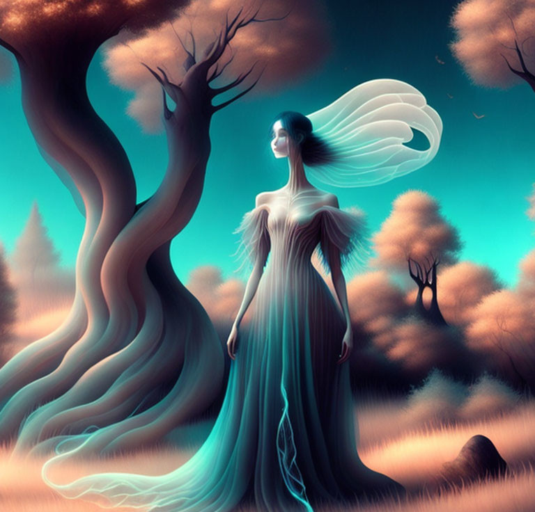 Surreal illustration of woman with white hair in teal gown in mystical forest