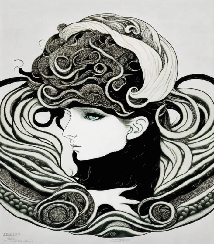 Monochrome illustration of woman with intricate hair patterns