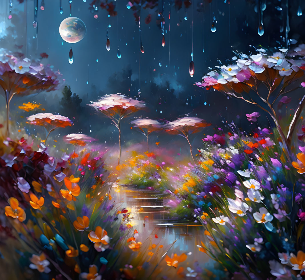 Colorful Flowers in Fantastical Night Landscape with Moon and Raindrops