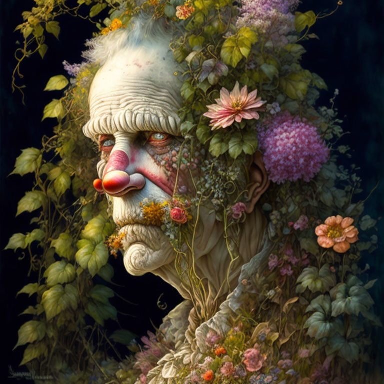 Man's face with greenery and flowers, nature-inspired illustration