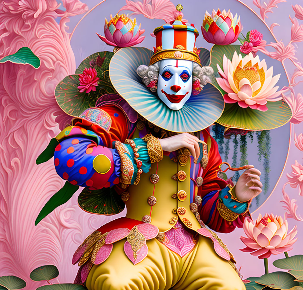 Colorful clown illustration with intricate attire and makeup on pink floral backdrop holding a lotus