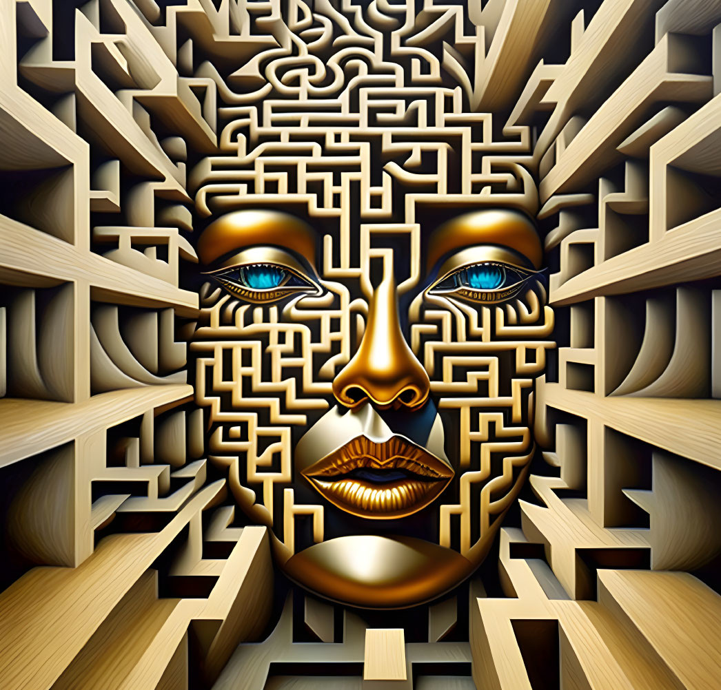 Maze-themed artwork with blue eyes and golden skin tones