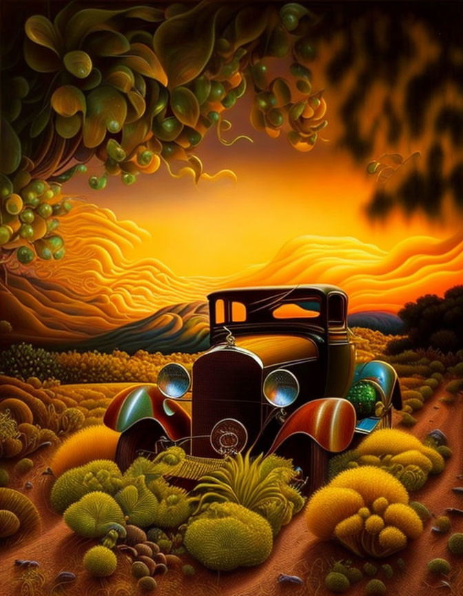 Vintage Car in Surreal Colorful Landscape with Rolling Hills