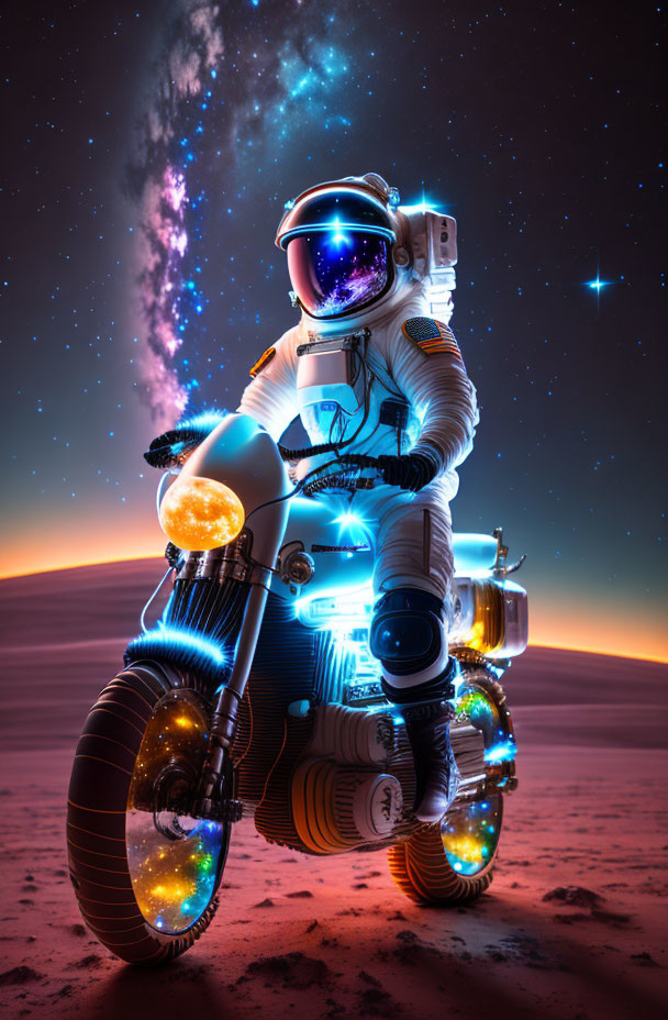 Space-themed astronaut on futuristic motorcycle in galaxy desert setting