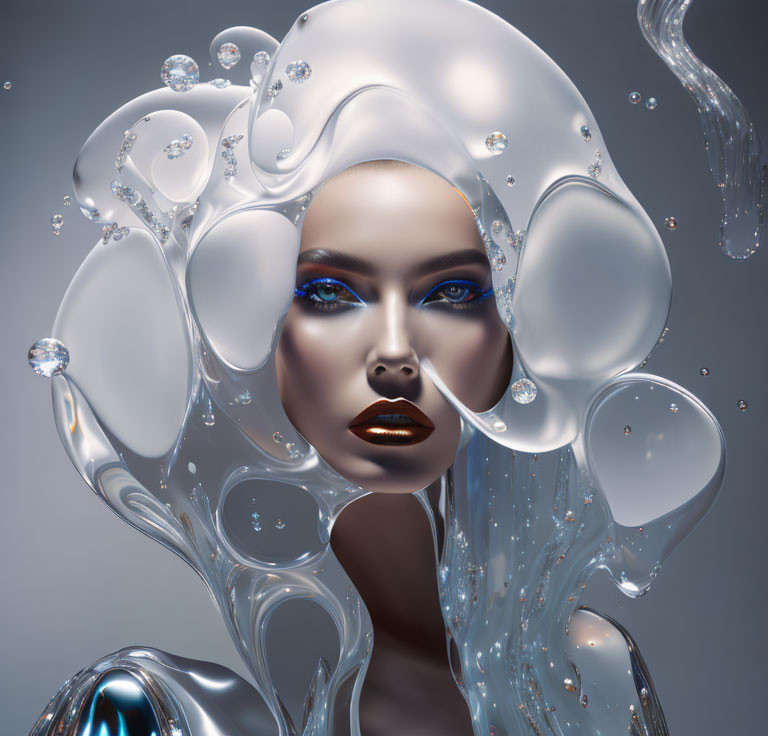 Surreal portrait of woman with glossy skin and iridescent bubbles