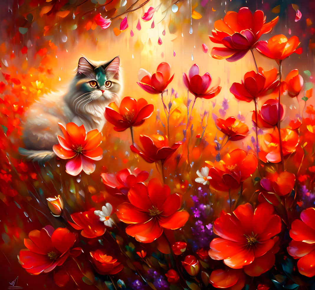 Fluffy Cat Among Red Flowers in Enchanted Forest