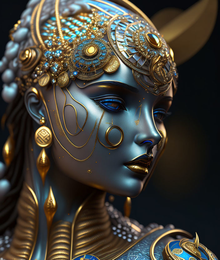 3D-rendered female figure with blue skin and golden accessories on dark background