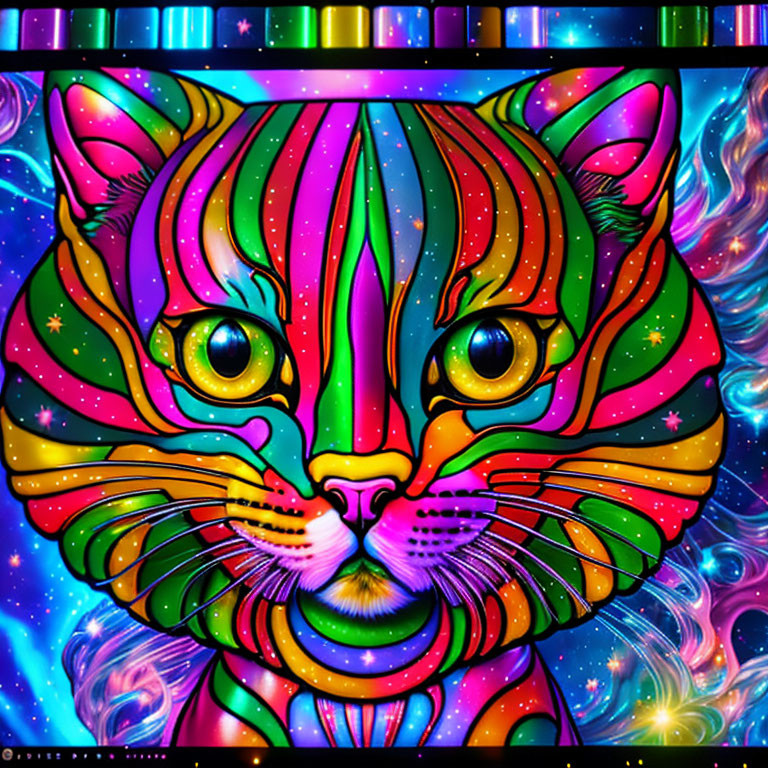 Colorful Cat Face Illustration on Cosmic Background