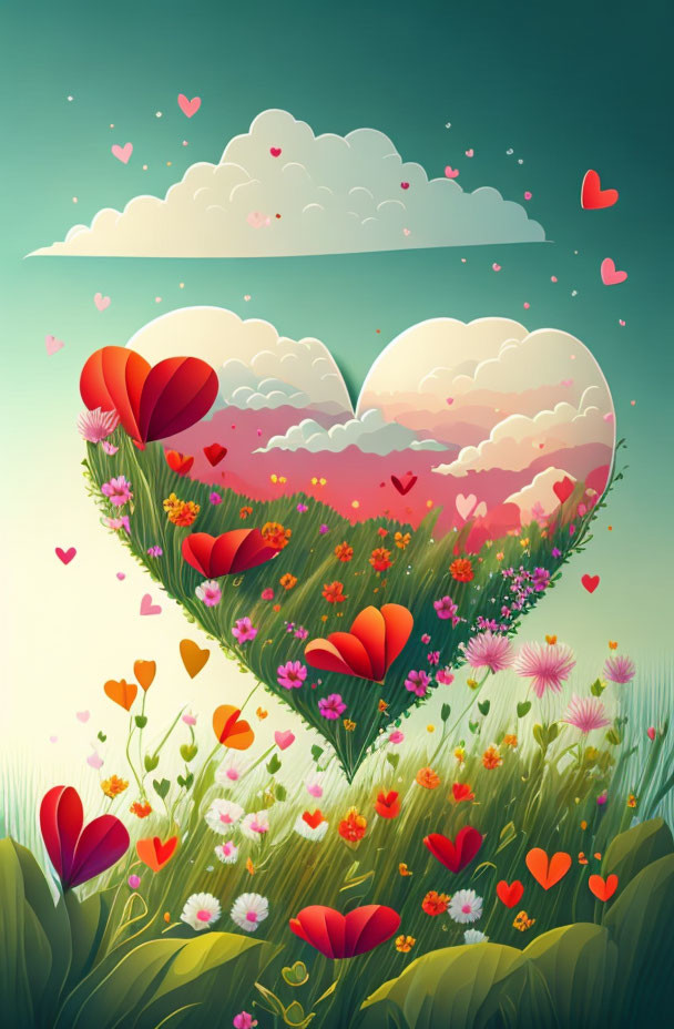 Whimsical heart-shaped landscape with vibrant flowers and floating hearts