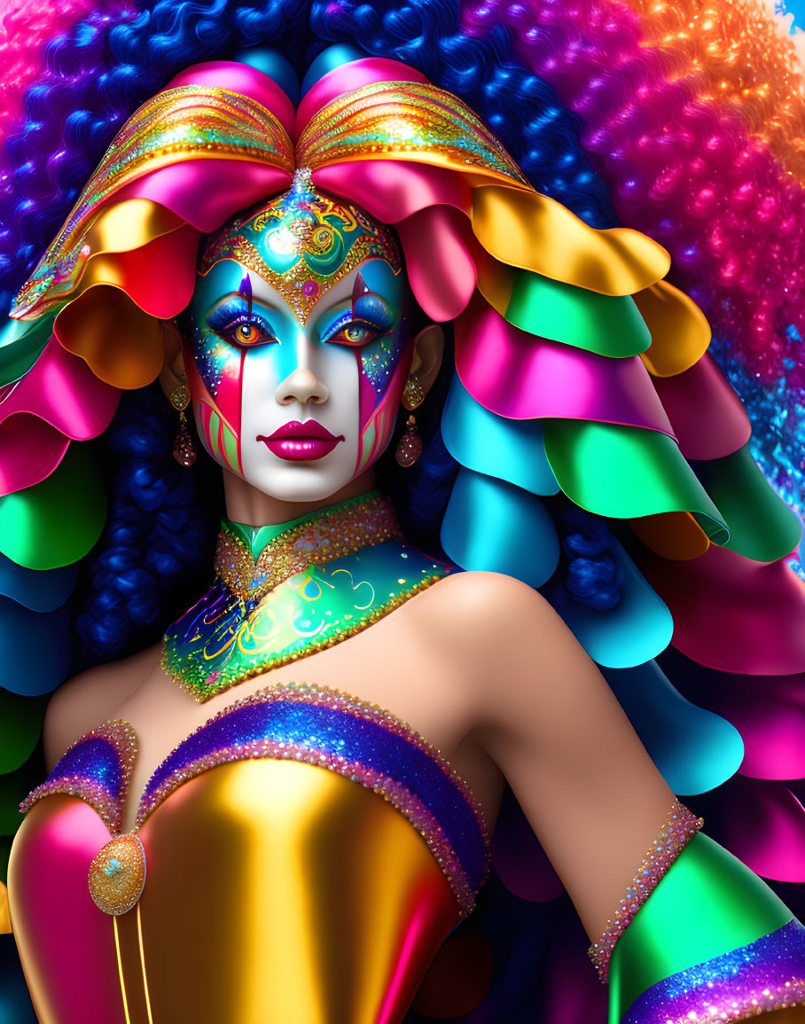 Vibrant woman in carnival attire with elaborate face paint.