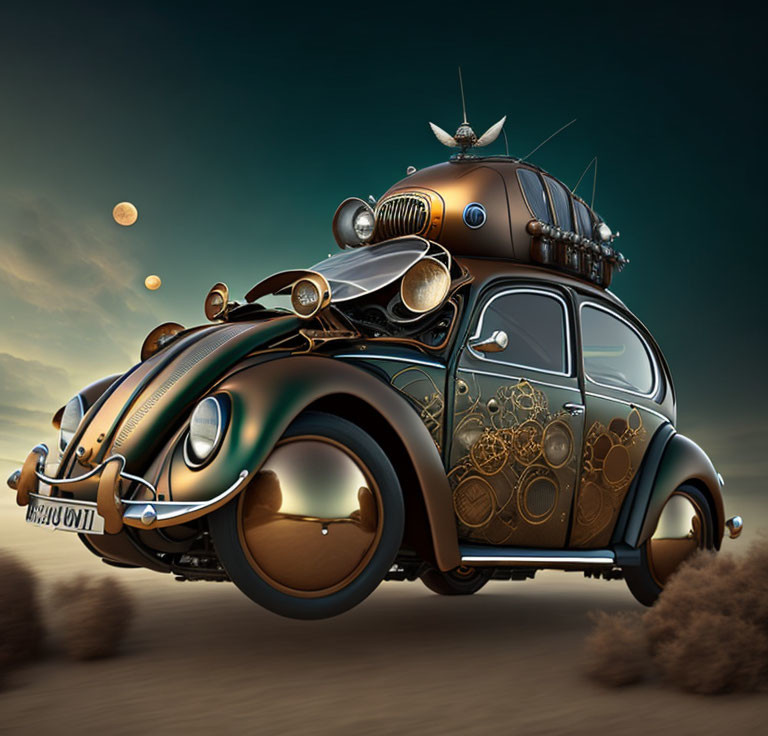 Steampunk-themed Volkswagen Beetle in desert setting at dusk