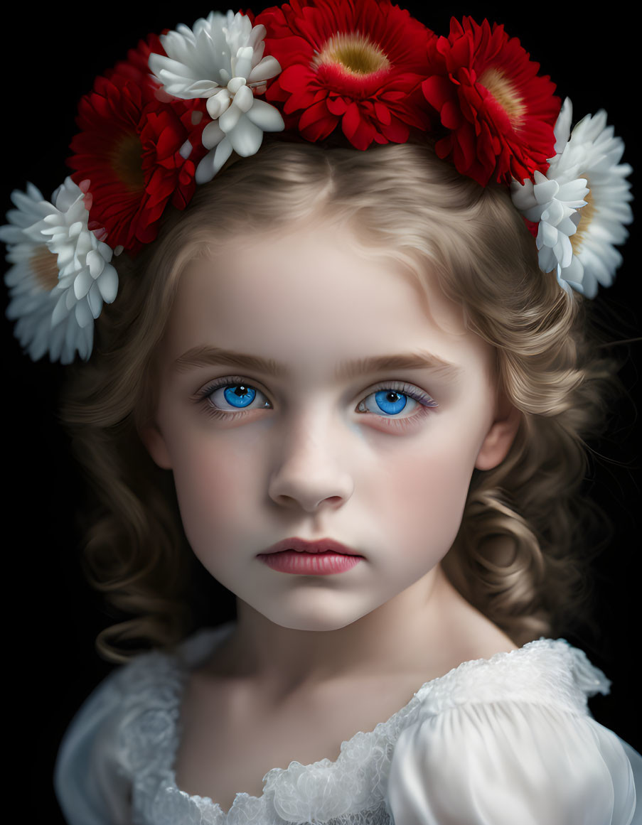 Young girl with blue eyes and curly hair in white dress with red and white flower headband