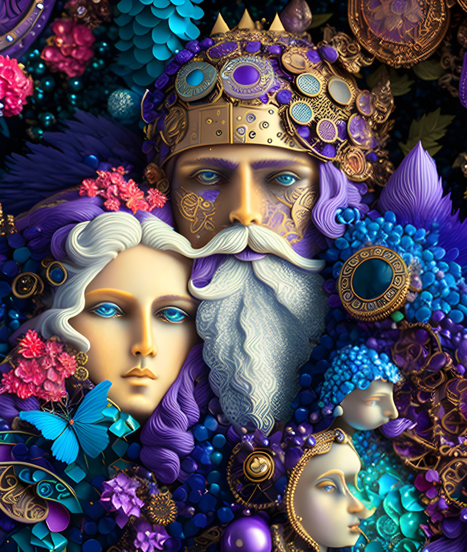 Fantastical artwork of bearded king and queen with blue skin, golden adornments, feathers,