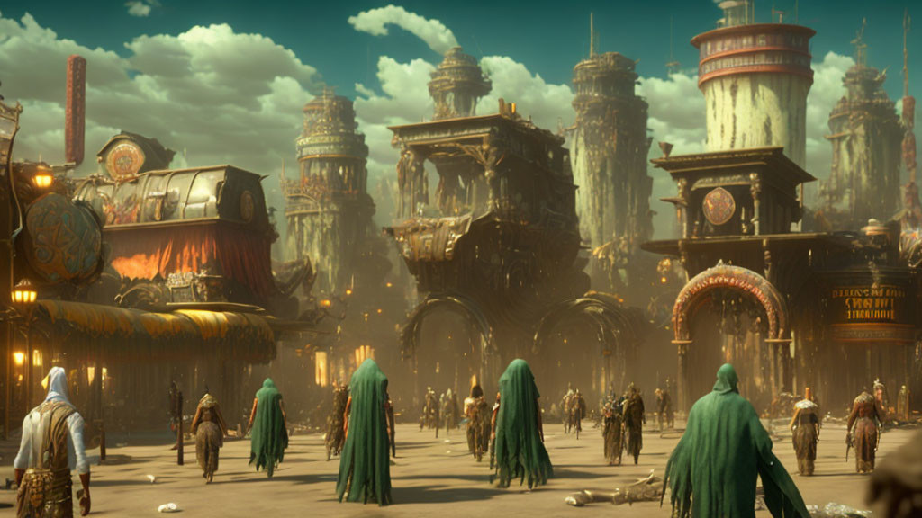 Futuristic cityscape with towering structures and cloaked figures in industrial street