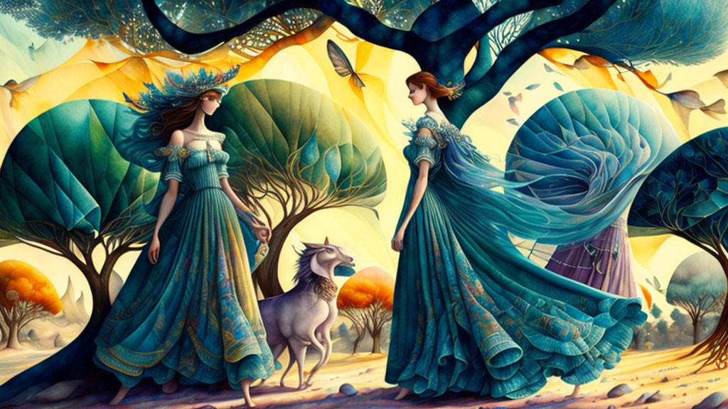 Two women in elaborate blue gowns in fantastical forest with vibrant trees and white horse.