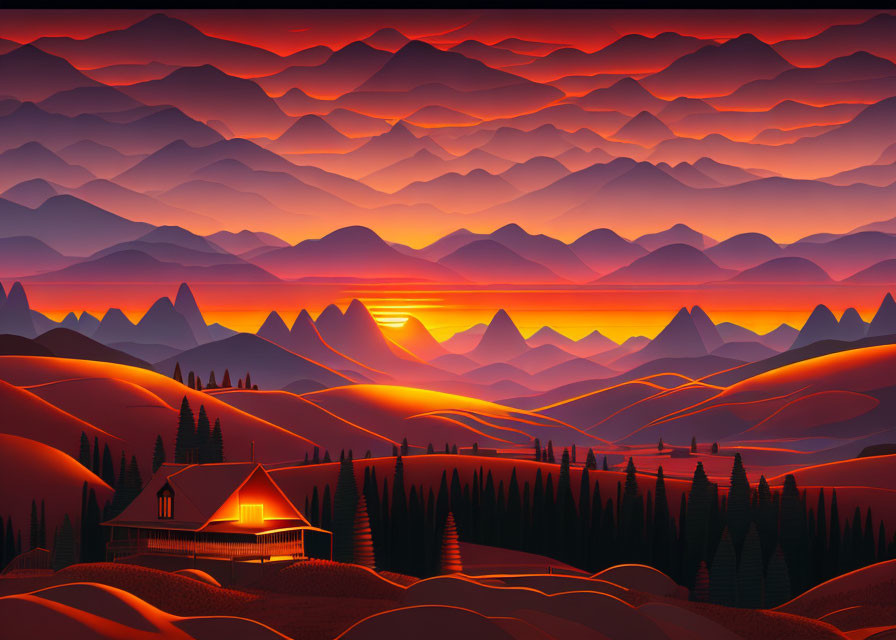 Tranquil sunset scene with orange and red hues over rolling hills, mountains, cabin, and pine