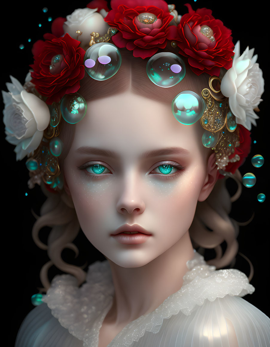 Digital illustration: Pale-skinned woman with teal eyes, red floral headpiece, bubbles, and gold