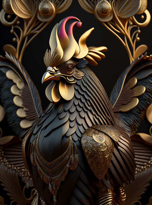 Metallic Sculpted Rooster with Gold Accents on Dark Background