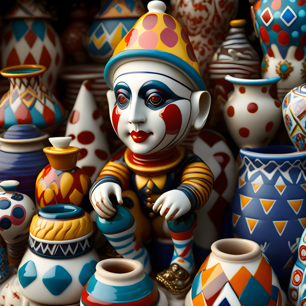 Colorful Porcelain Clown Figurine with Ceramic Vases and Pots