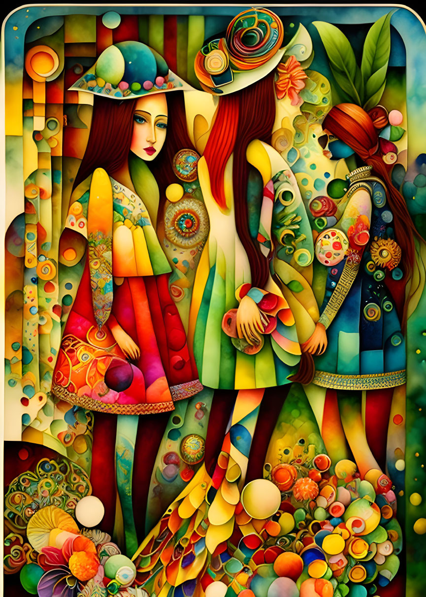 Colorful stylized illustration of three women with flowing hair in abstract setting.