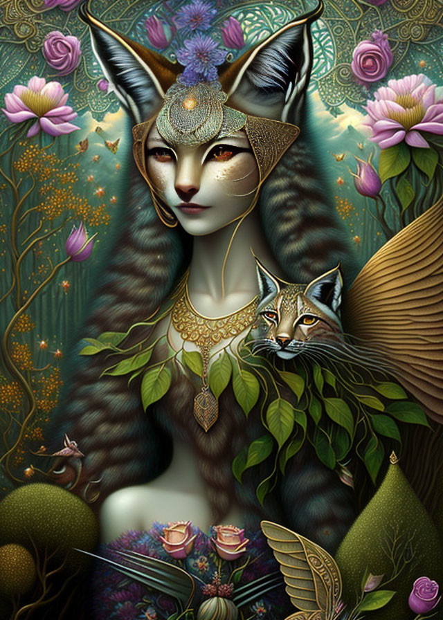 Enigmatic woman with cat-like features and felines in mystical setting