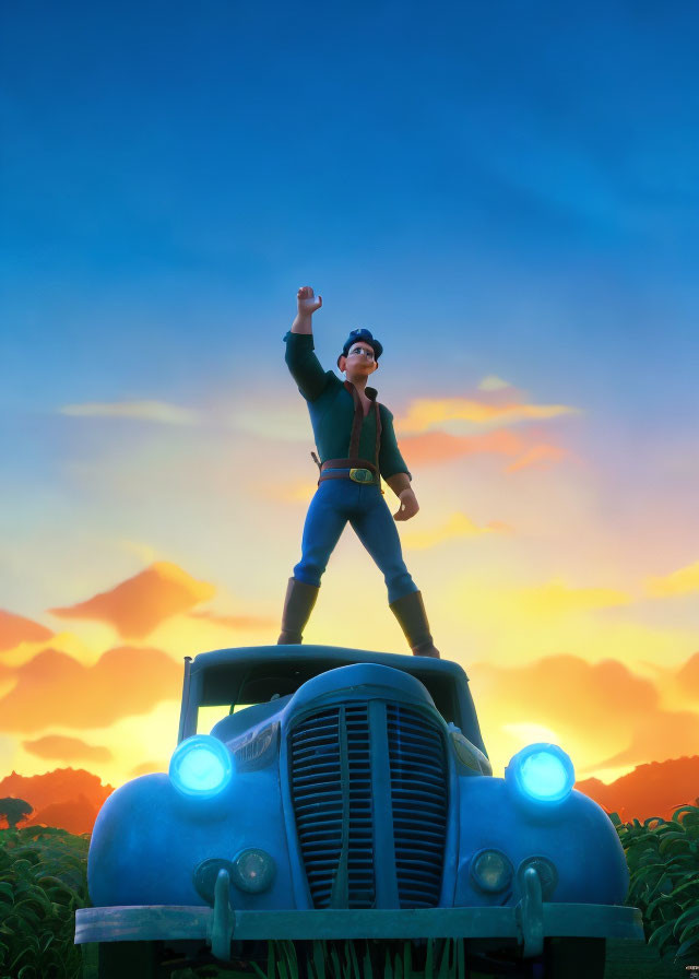 Animated character on car with sunset background gesturing triumphantly