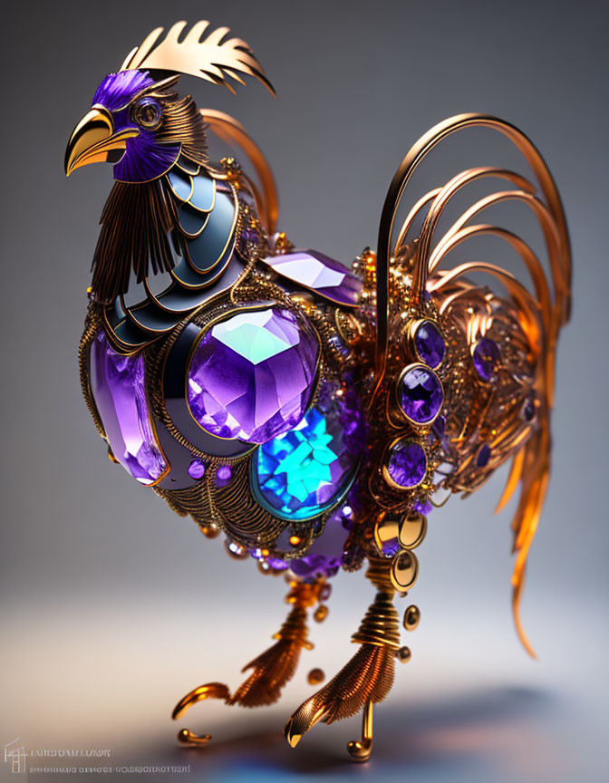 Intricate mechanical bird with purple gem body and golden accents