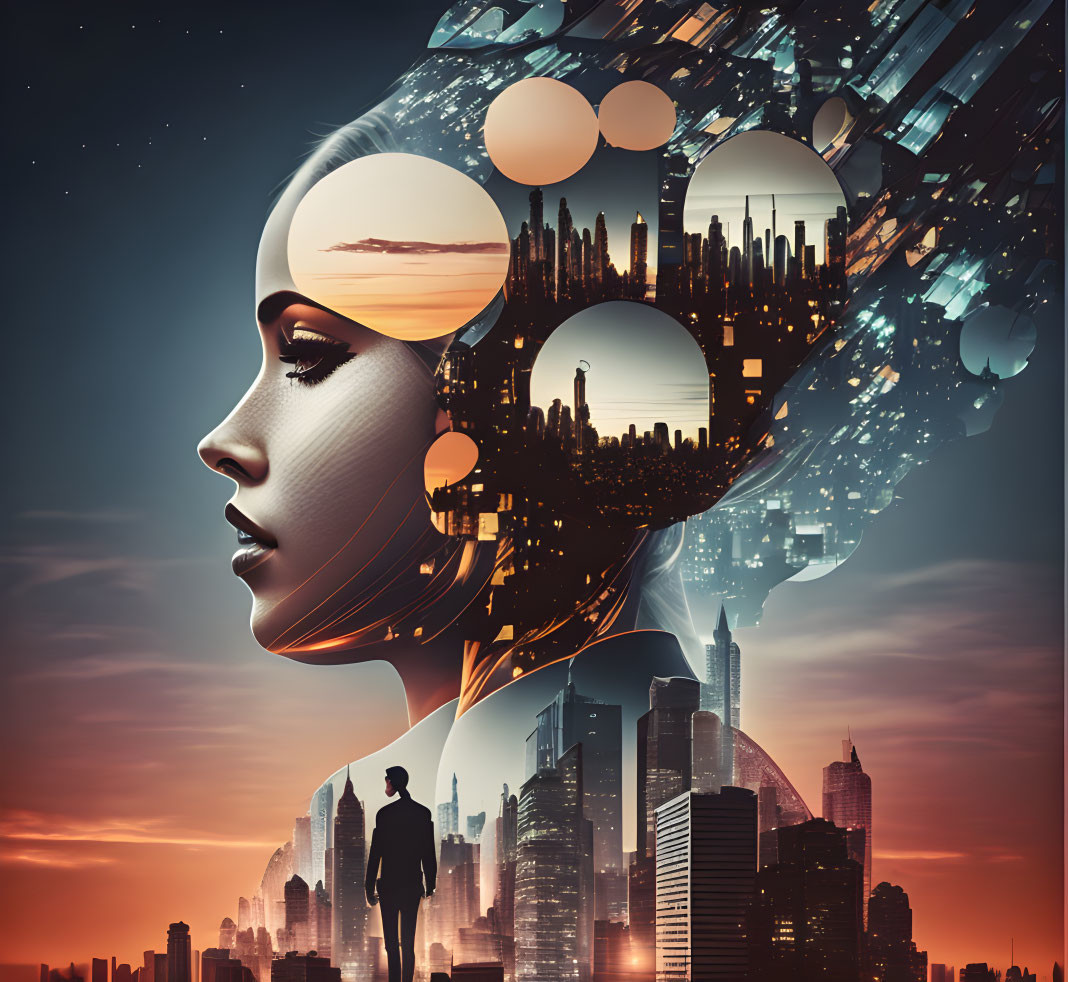 Surreal woman's profile with cityscape and sunset in mind