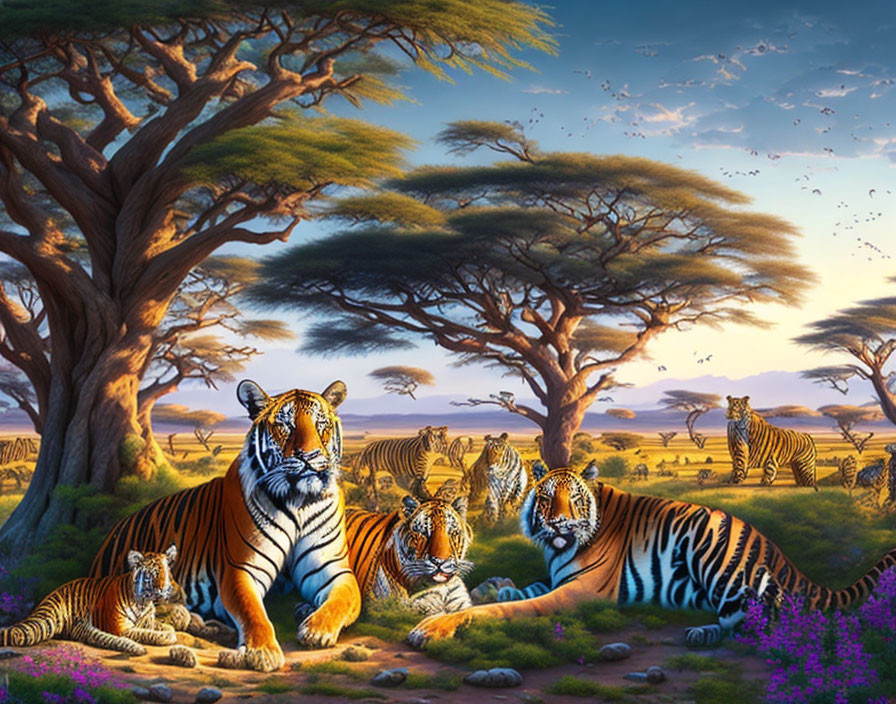 Tigers Resting in Surreal Savanna Landscape