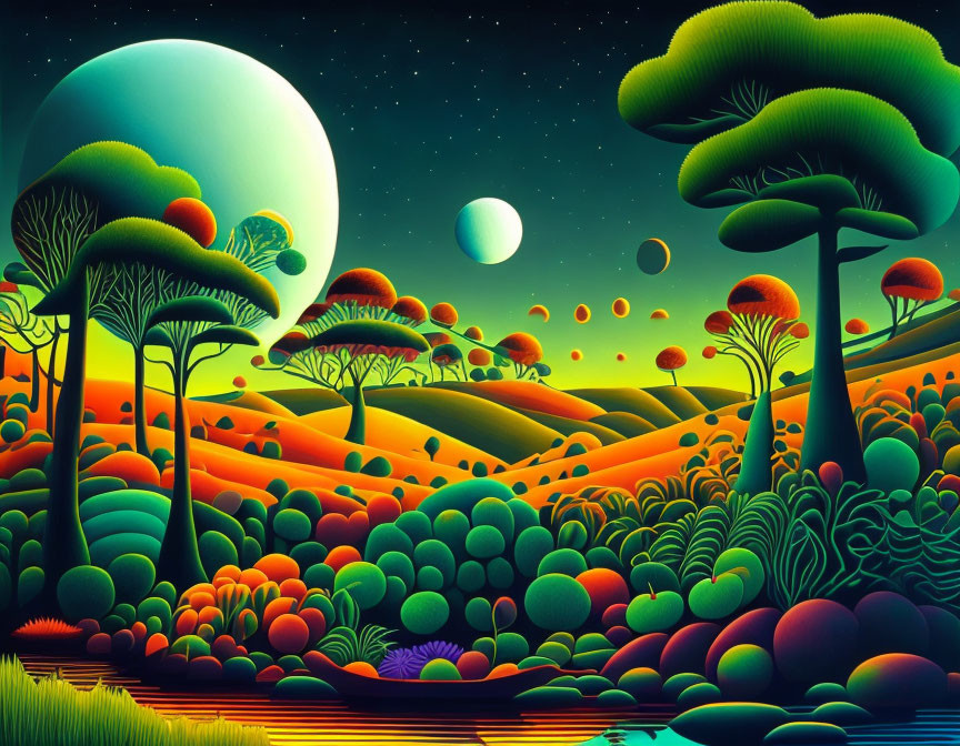 Colorful fantasy landscape with stylized trees, green moon, and star-filled sky