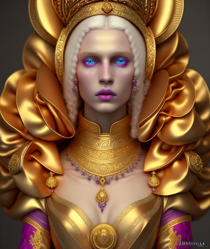 Digital portrait of woman in regal attire with blue eyes & jeweled accessories