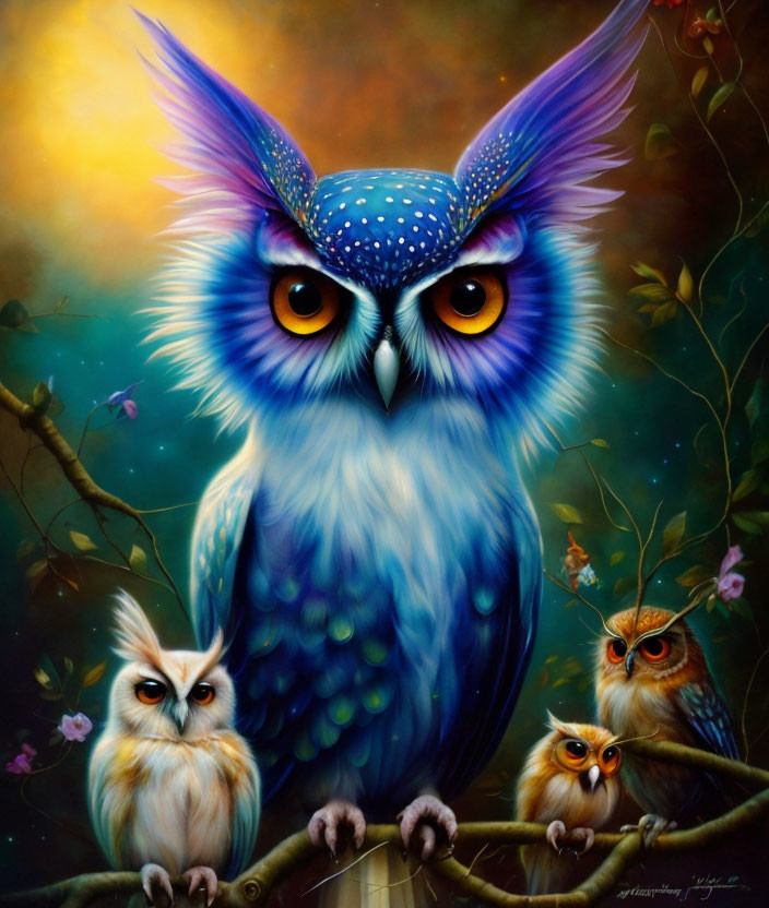 Colorful painting of oversized blue owl with three smaller owls on branch at sunset