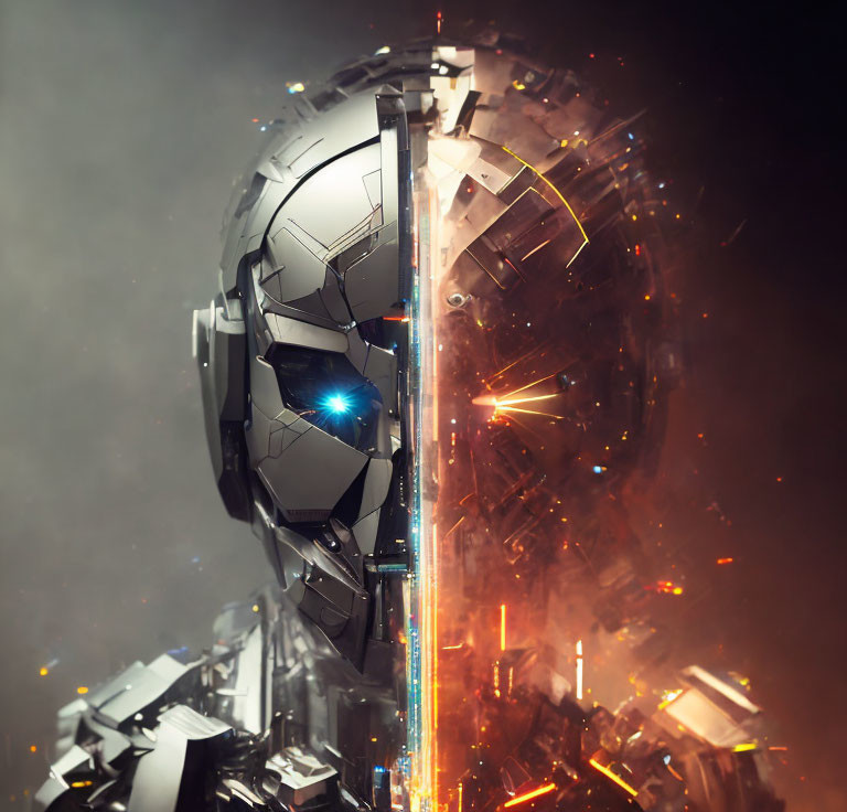 Futuristic robot head with glowing blue eye in dark, hazy setting