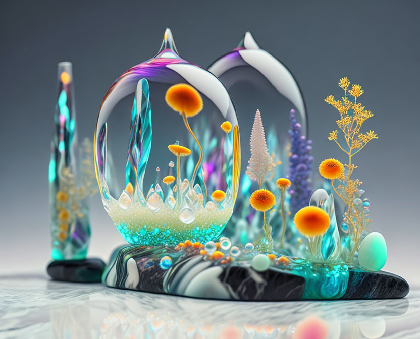 Colorful Abstract Digital Artwork: Glass-like Sculptures and Fantastical Flora on Reflective