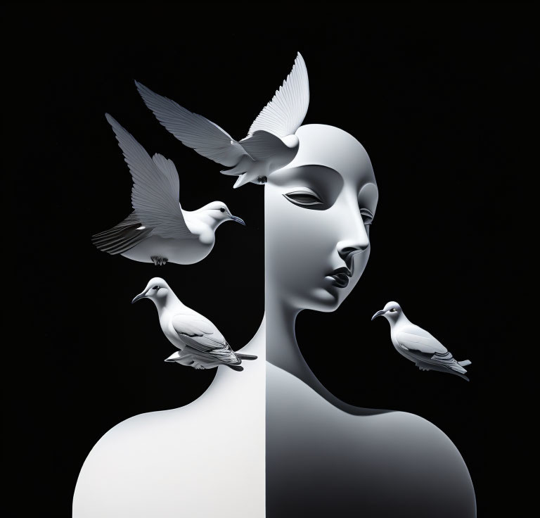 Monochrome artwork featuring serene human face with white doves symbolizing peace.