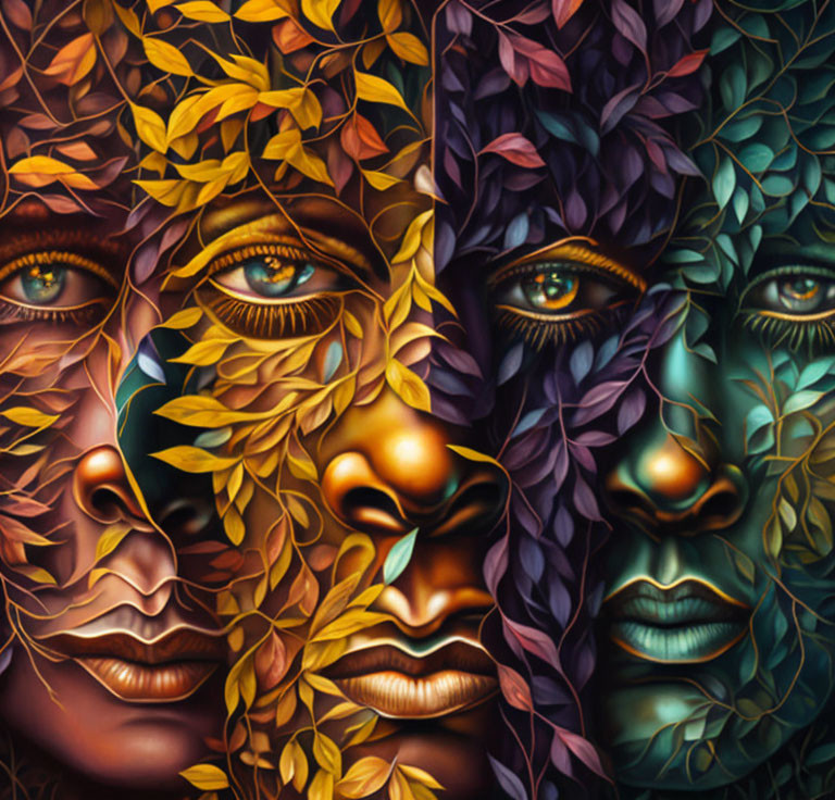 Autumn-themed artwork featuring faces merging with colorful leaves