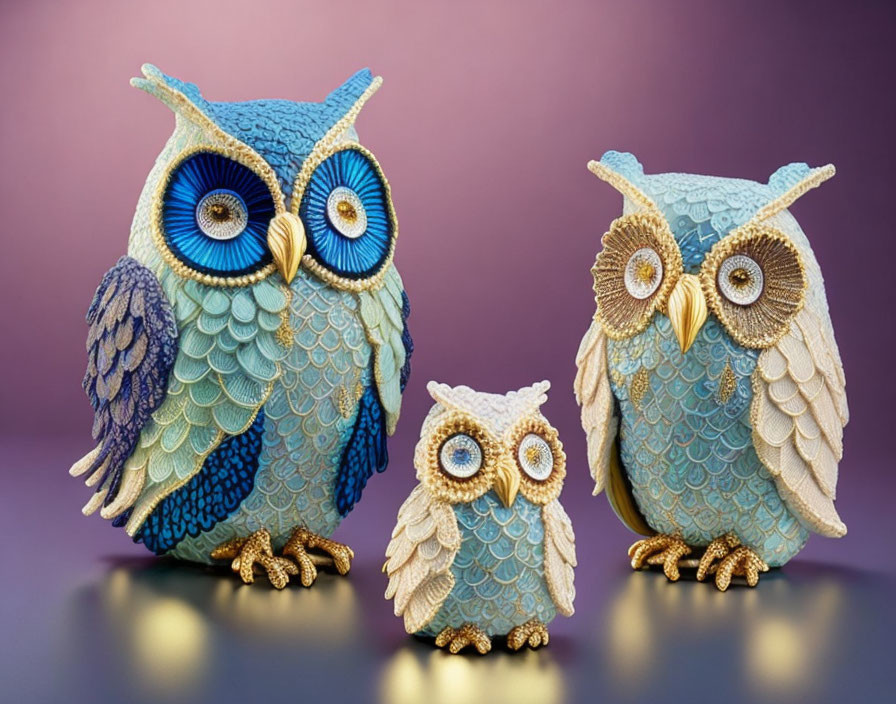 Colorful Owl Figurines with Ornate Details on Purple Gradient Background