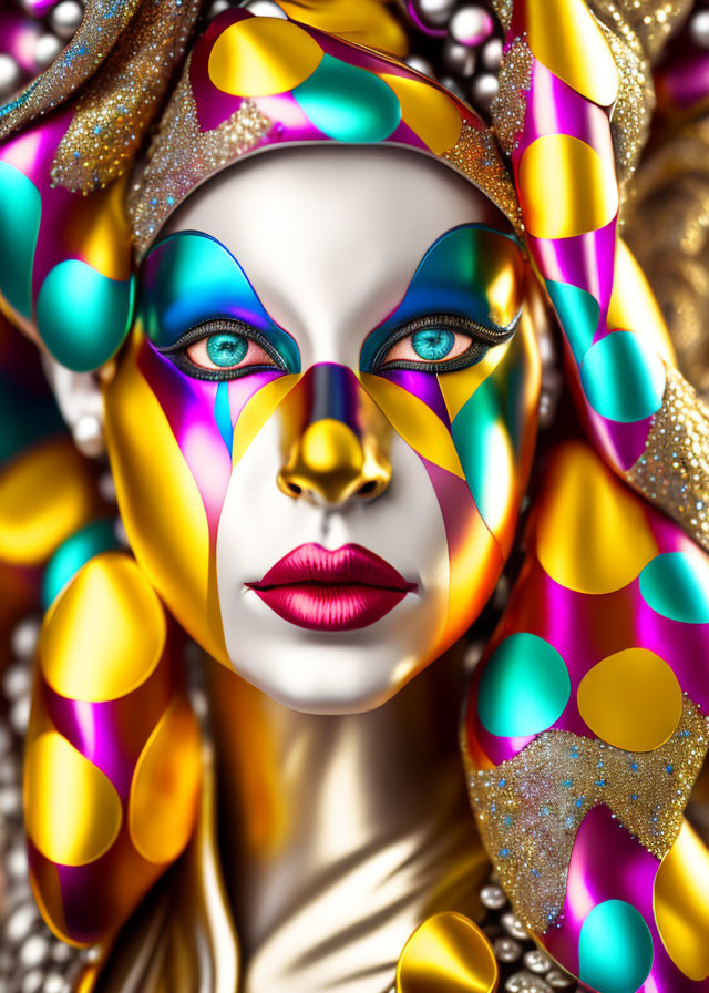 Colorful Abstract Makeup and Headdress Portrait with Sparkling Textures