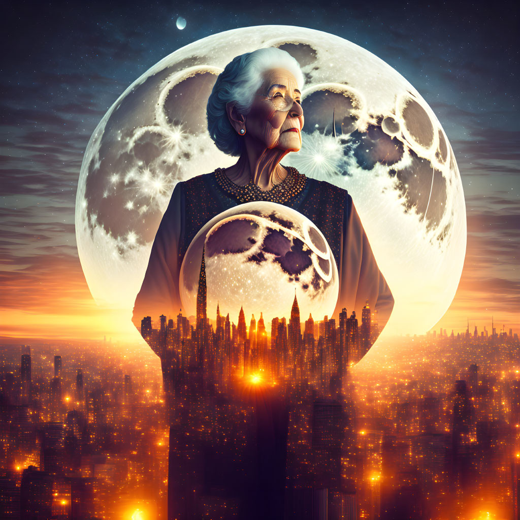 Elderly woman in cityscape with oversized crescent moon