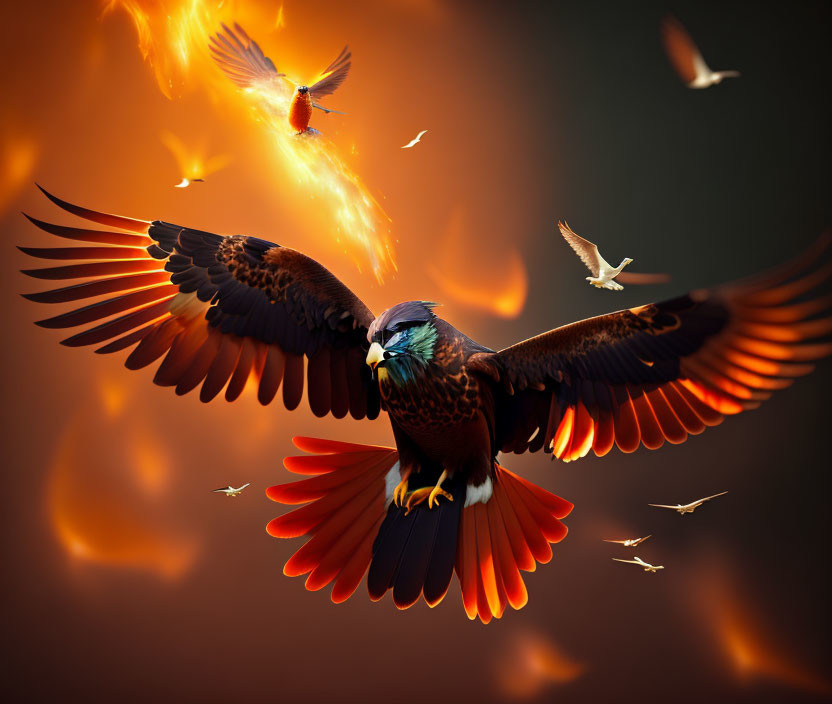 Majestic eagle with fiery wings soaring in flames among smaller birds