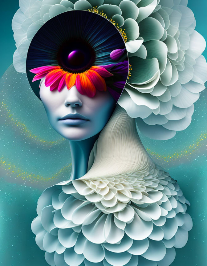 Surreal illustration: face with flower-like feature and eye.