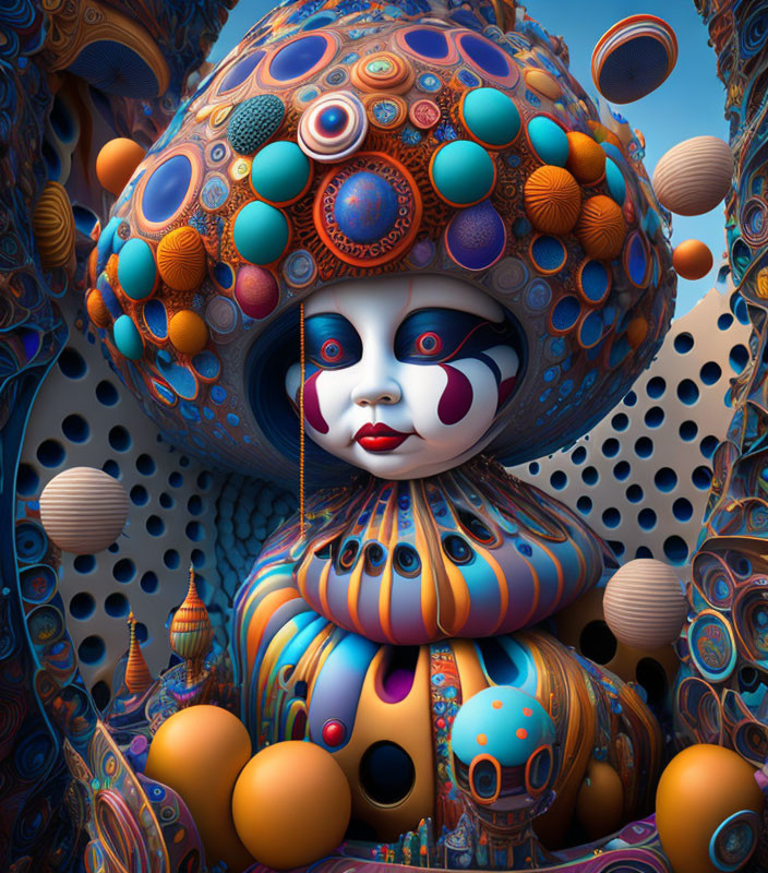 Colorful surreal image: clown-like figure with intricate patterns and whimsical circular backdrop.