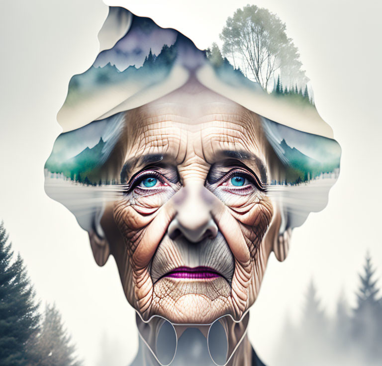 Double exposure effect: Elderly woman's face merges with misty forest and mountainscape