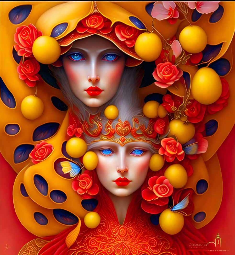 Colorful digital artwork: Twin female faces with blue eyes, gold and red headdresses